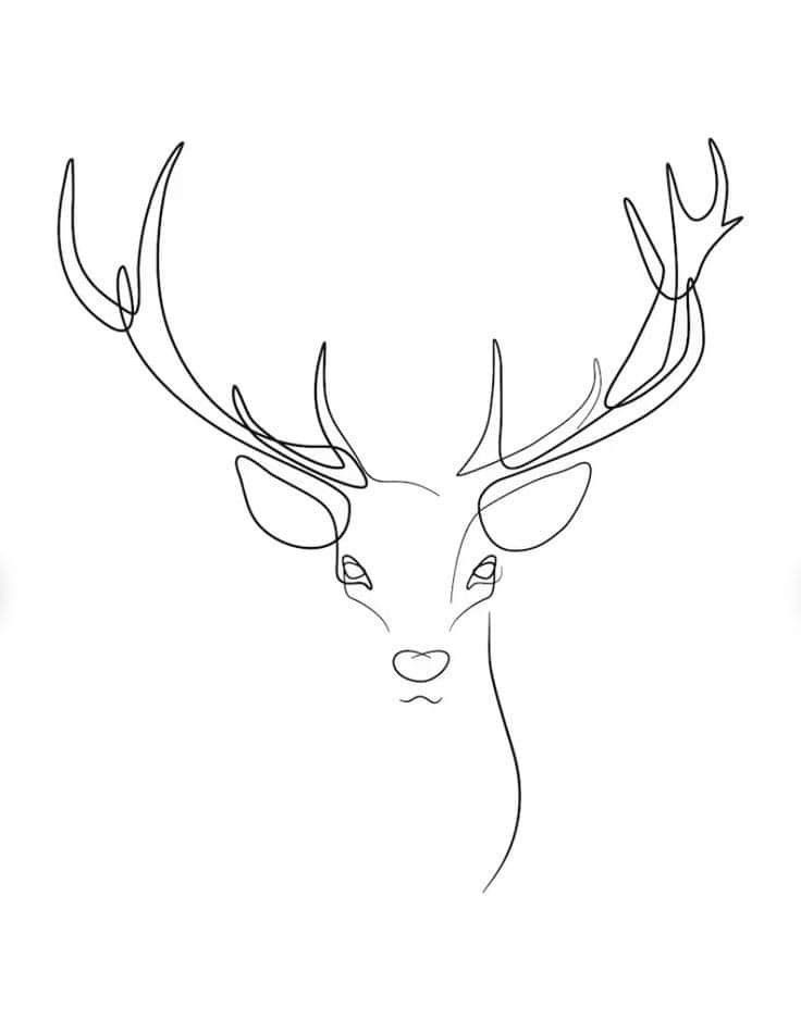 Minimalist one-line drawing of a deer with antlers, showcasing elegant simplicity and artistic design.