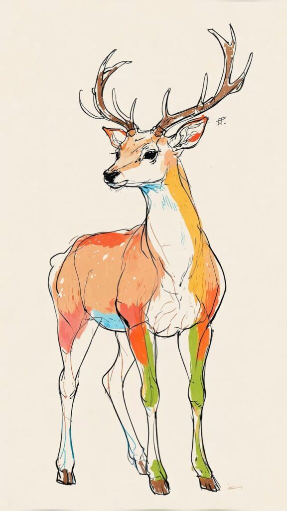 Colorful watercolor illustration of a deer with antlers, featuring vibrant orange, blue, and green hues.