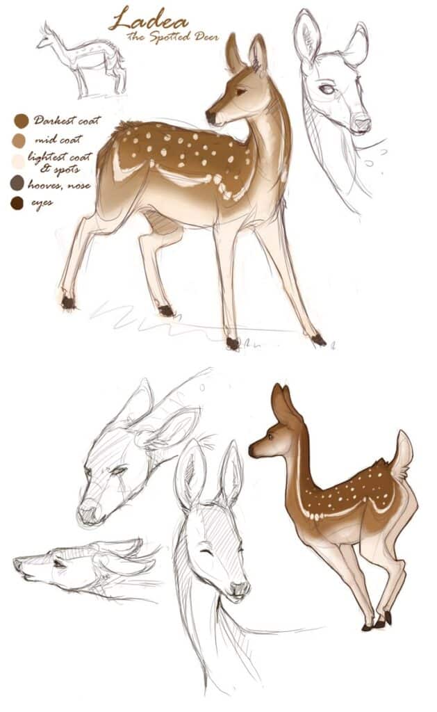 Illustration and sketches of a spotted deer with color palette details, labeled as Ladea the Spotted Deer.