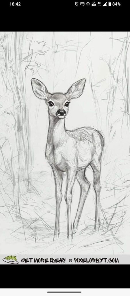 Sketch of a young deer standing in a forest setting, highlighting its delicate features and serene environment.