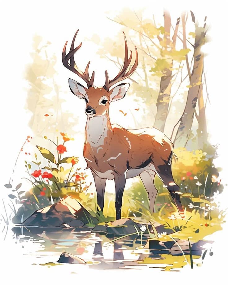 Illustration of a majestic deer by a forest stream with vibrant flowers and tall trees in the background.