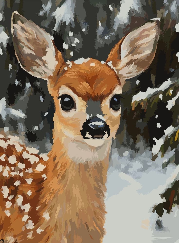 Illustration of a young deer with snow on its back, set against a snowy forest background.