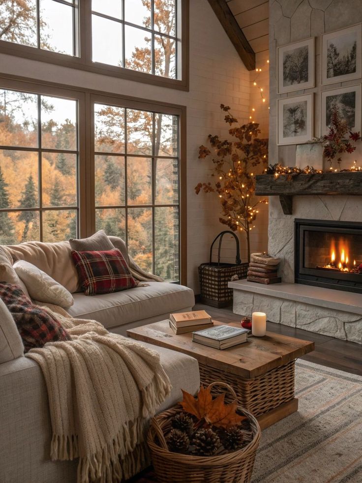 undefined 56 Cozy autumn living room with fireplace, comfy couch, plaid pillow, large windows, and decorative fall accents. | Sky Rye Design Cozy autumn living room with fireplace, comfy couch, plaid pillow, large windows, and decorative fall accents.