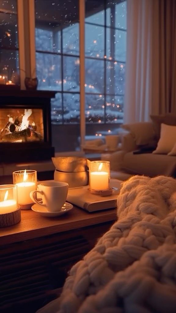 undefined 57 Cozy living room with candles and fireplace during snowstorm, warm blankets, and hot drink on table. | Sky Rye Design Cozy living room with candles and fireplace during snowstorm, warm blankets, and hot drink on table.