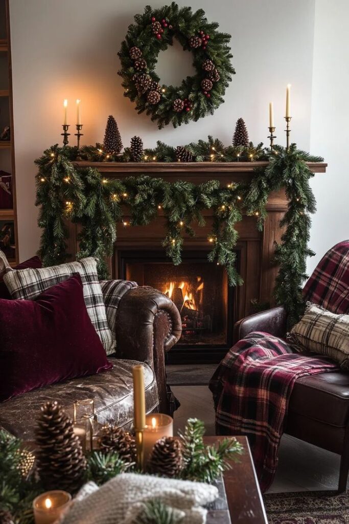 undefined 58 Cozy Christmas living room with fireplace, wreath, garland, candles, and plaid accents for a festive holiday atmosphere. | Sky Rye Design Cozy Christmas living room with fireplace, wreath, garland, candles, and plaid accents for a festive holiday atmosphere.