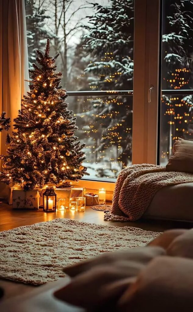 undefined 59 Cozy winter scene with a decorated Christmas tree by a window, soft lights, and candles for a warm holiday ambiance. | Sky Rye Design Cozy winter scene with a decorated Christmas tree by a window, soft lights, and candles for a warm holiday ambiance.