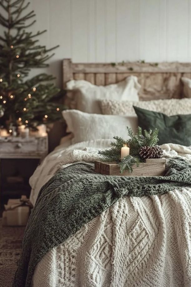 undefined 60 Cozy bedroom with holiday decor, featuring a rustic bed, pine tree, candle, and textured blankets for a warm ambiance. | Sky Rye Design Cozy bedroom with holiday decor, featuring a rustic bed, pine tree, candle, and textured blankets for a warm ambiance.