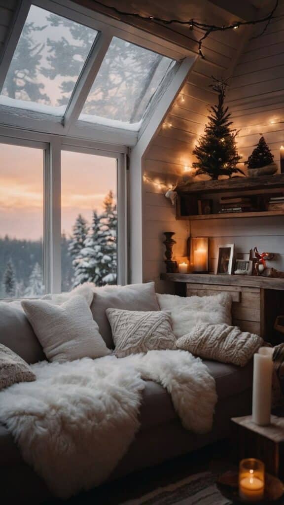 undefined 61 Cozy winter cabin interior with fluffy pillows, candles, and a snowy view through skylight and window. | Sky Rye Design Cozy winter cabin interior with fluffy pillows, candles, and a snowy view through skylight and window.