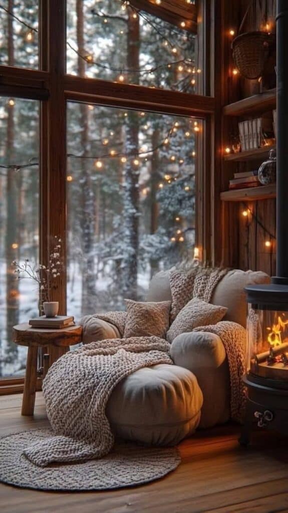 undefined 63 Cozy winter cabin interior with a comfy armchair, warm blankets, and crackling fireplace, surrounded by snowy forest views. | Sky Rye Design Cozy winter cabin interior with a comfy armchair, warm blankets, and crackling fireplace, surrounded by snowy forest views.