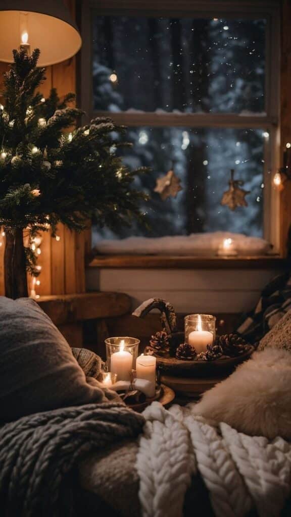 undefined 64 Cozy winter scene with candles, pinecones, and a decorated Christmas tree by a window showing a snowy forest outside. | Sky Rye Design Cozy winter scene with candles, pinecones, and a decorated Christmas tree by a window showing a snowy forest outside.