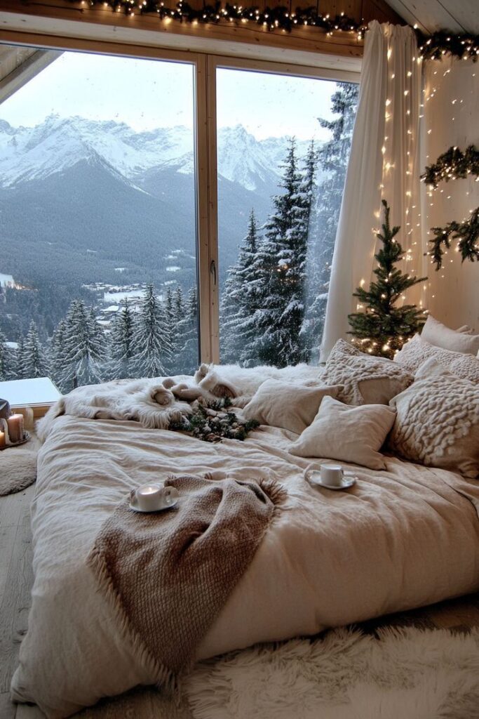 undefined 65 Cozy bedroom with a festive winter view of snowy mountains, Christmas lights, and warm decor for ultimate relaxation. | Sky Rye Design Cozy bedroom with a festive winter view of snowy mountains, Christmas lights, and warm decor for ultimate relaxation.
