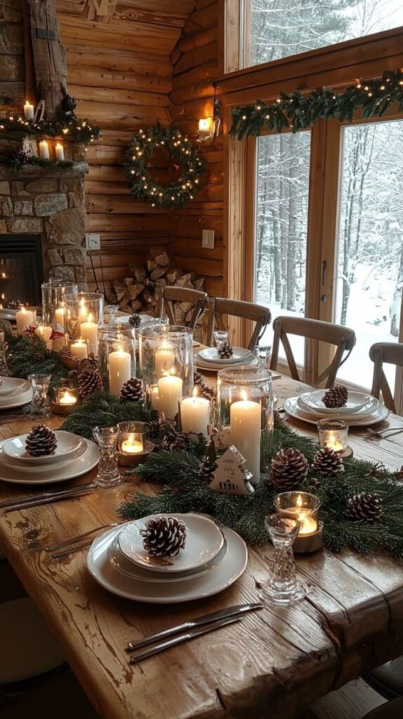 undefined 66 Rustic Christmas dining table with candles, pinecones, and greenery in a cozy cabin setting. | Sky Rye Design Rustic Christmas dining table with candles, pinecones, and greenery in a cozy cabin setting.