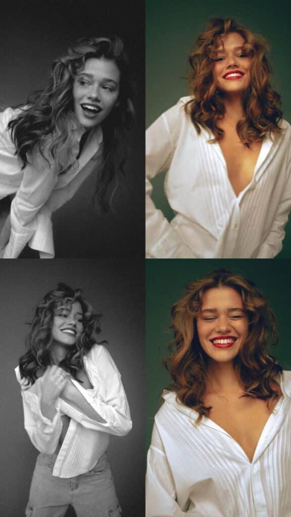 Woman smiling in four portraits wearing a white blouse, curly hair, colorful and black-and-white styles.