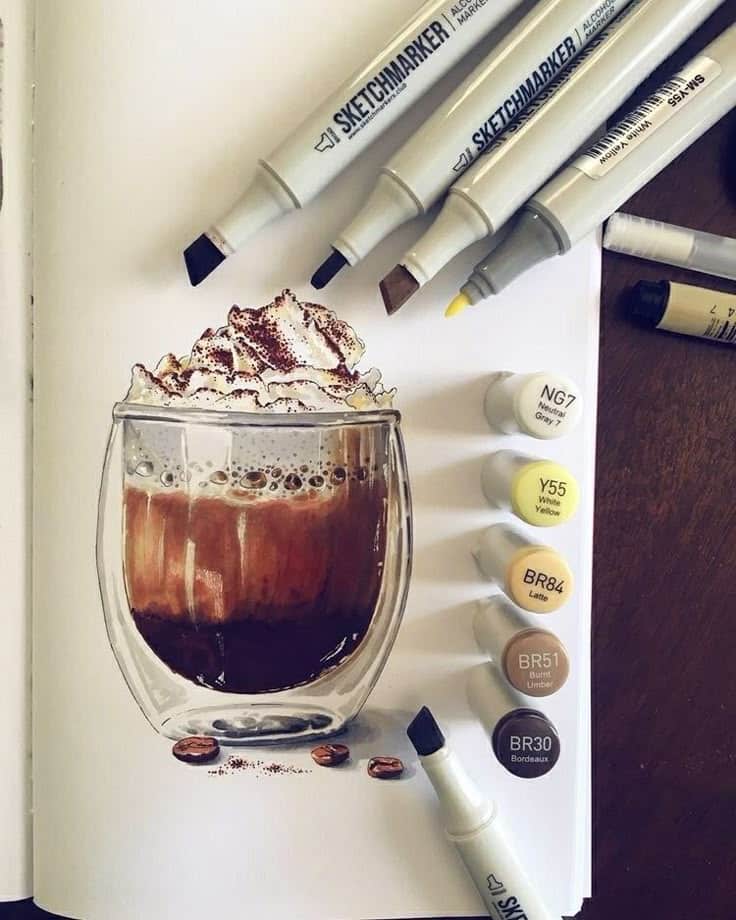 Sketch of a coffee drink with whipped cream, drawn using Sketchmarker alcohol markers in various shades.