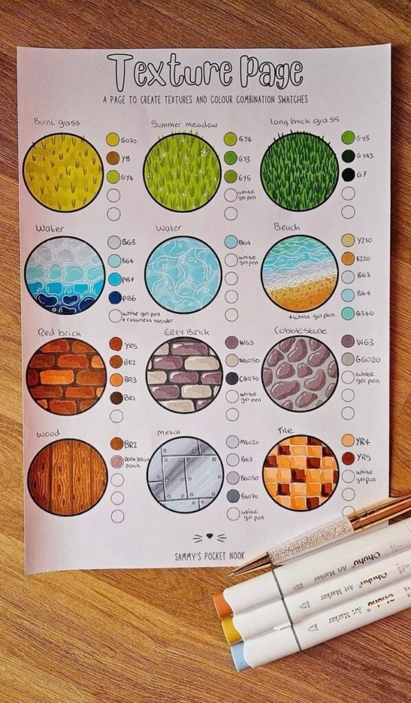 Texture page showing color swatches for grass, water, brick, wood, and more, with Ohuhu markers and pen nearby.