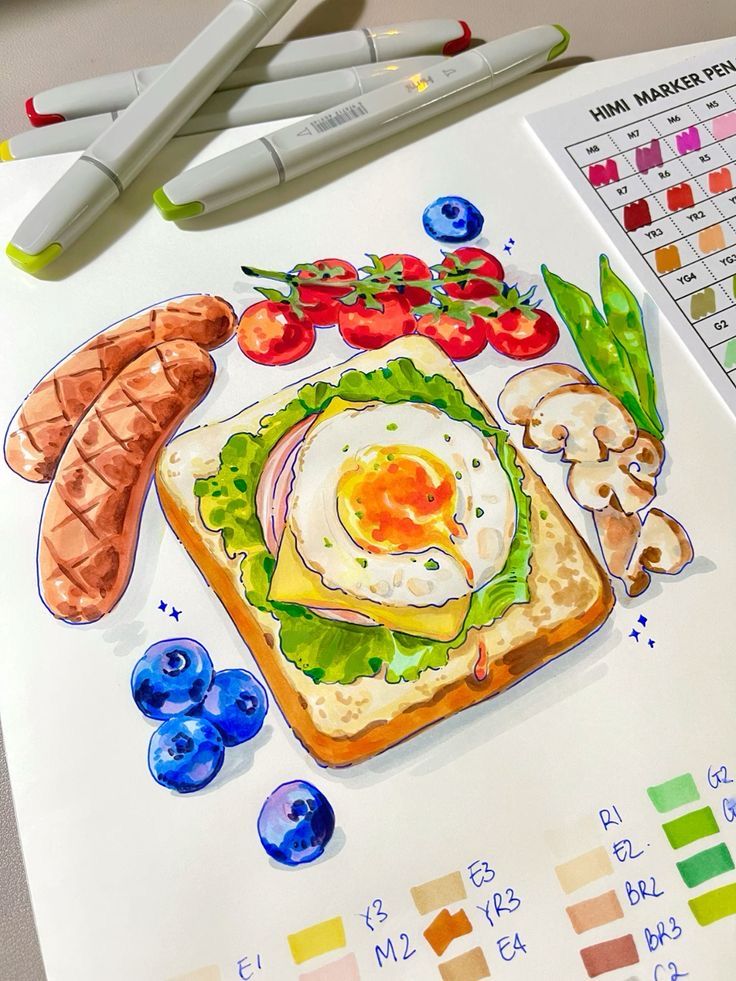 Colorful marker illustration of a breakfast spread with toast, egg, vegetables, and markers on paper.