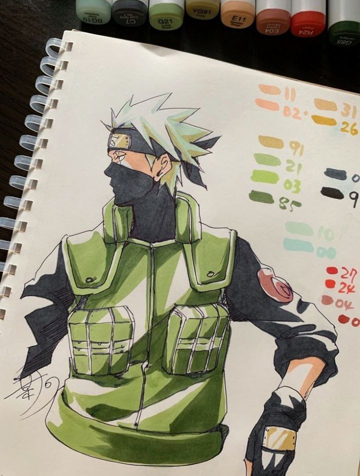 Illustration of a masked character in green vest with color palette and markers visible on a sketchpad.