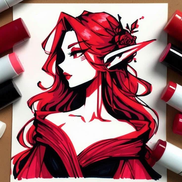 Illustration of a red-haired elf with floral headpiece, surrounded by red and black markers.