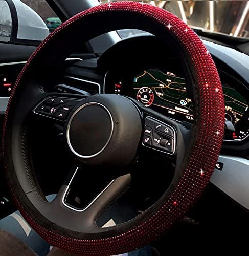 Luxurious red rhinestone car steering wheel cover for stylish interior upgrade and enhanced grip.