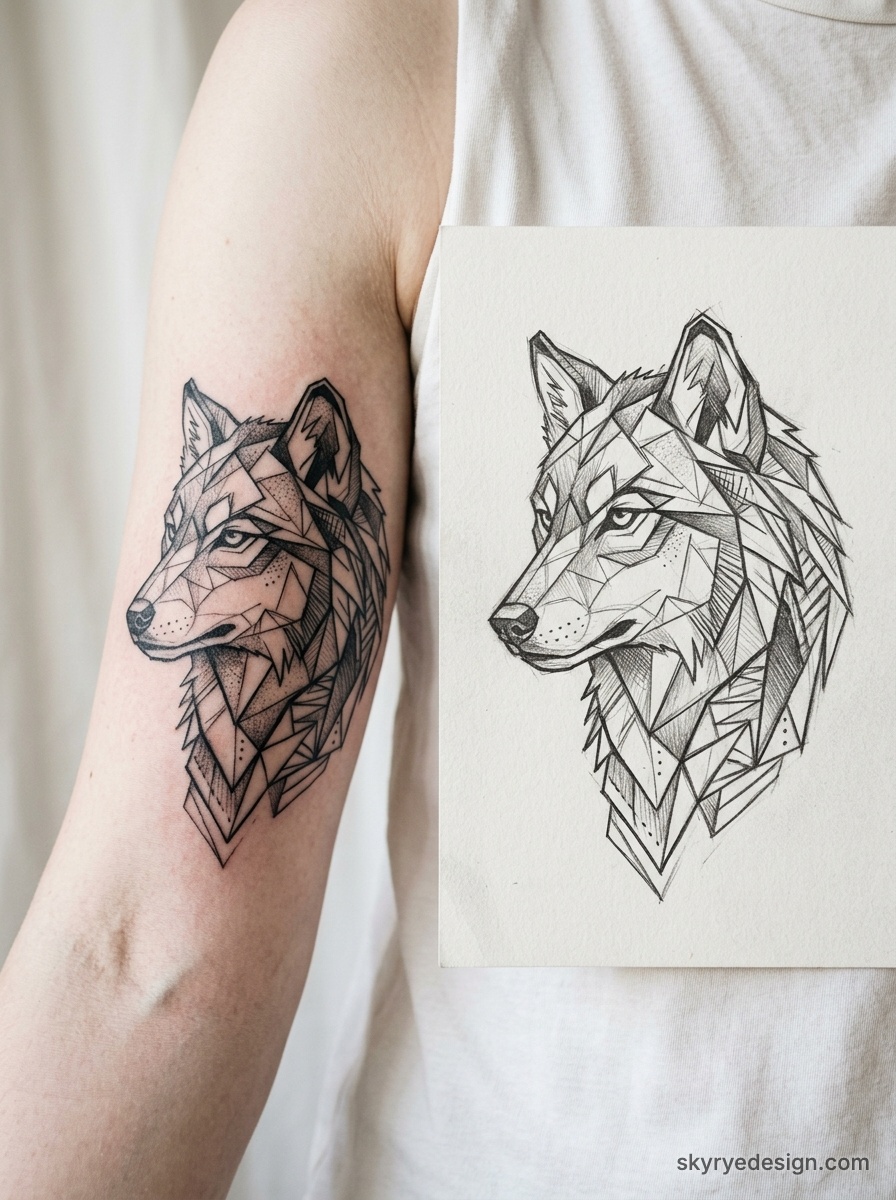 Geometric wolf tattoo design on inner arm with matching black ink sketch held beside it