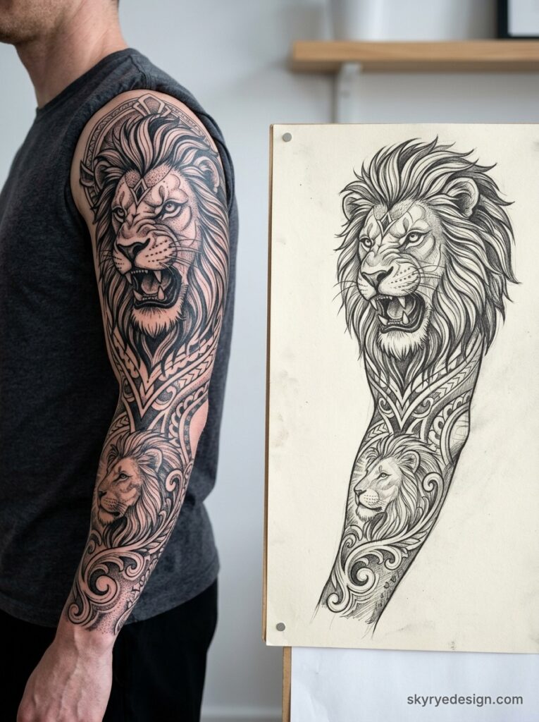 Full-sleeve realistic lion tattoo on male arm beside matching lion tattoo sketch on easel — ornamental tribal sleeve design