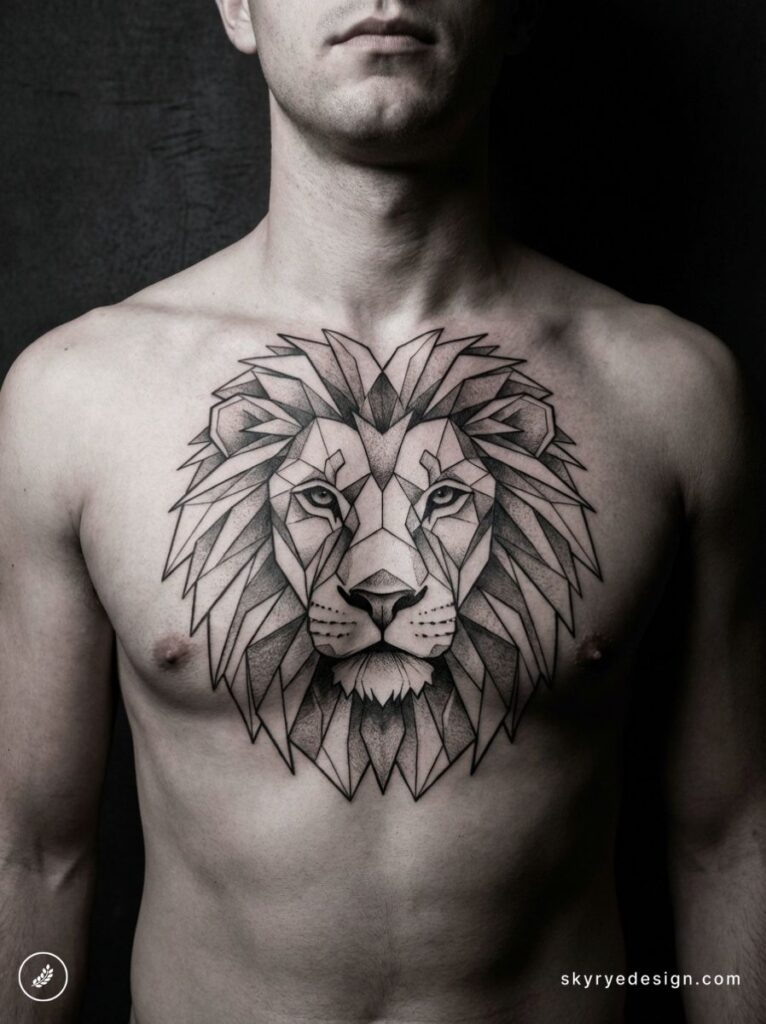 Geometric black-ink lion chest tattoo on male torso, symmetrical polygonal mane and detailed dotwork shading
