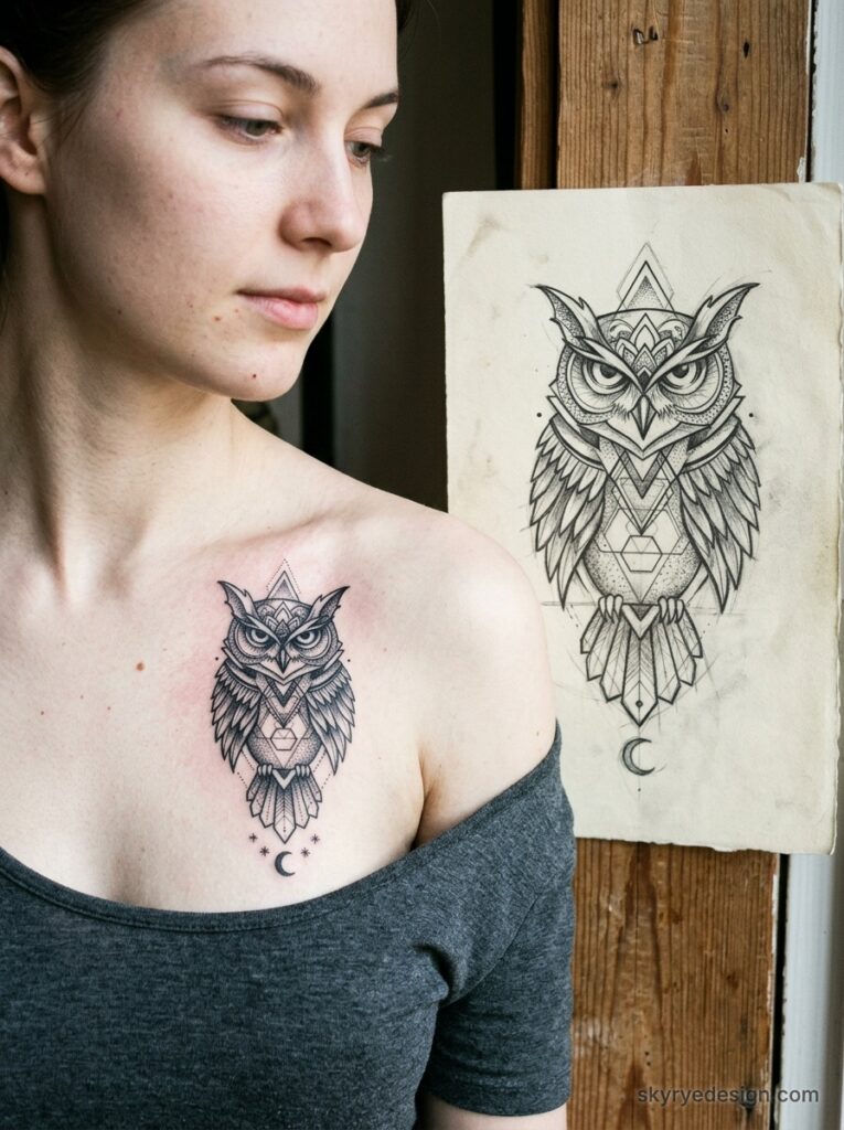 Female model showing geometric owl chest tattoo with matching hand-drawn design sketch taped to wooden board