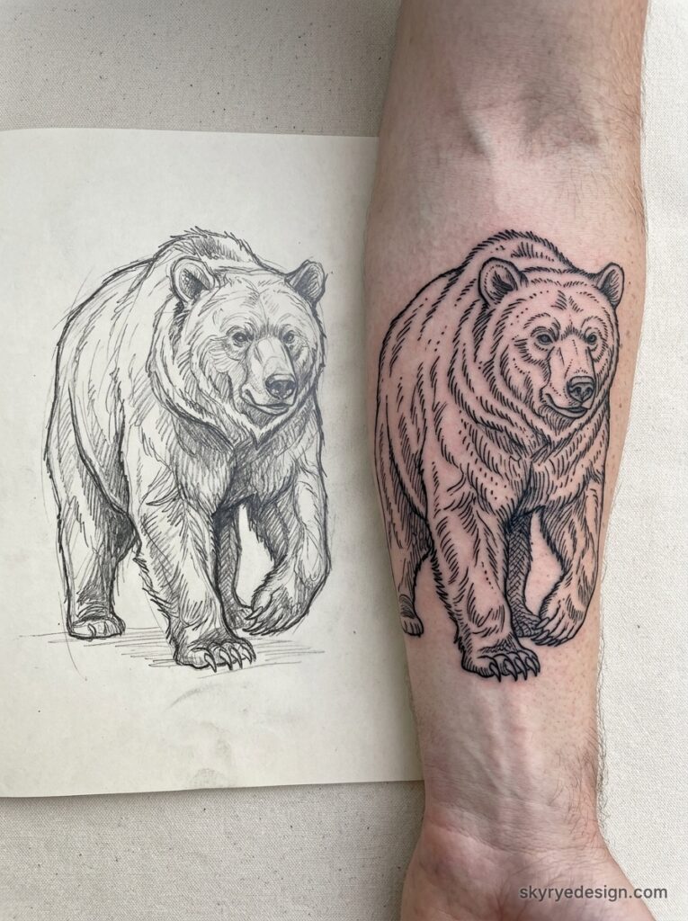 Bear tattoo forearm linework, pencil sketch reference, wildlife tattoo design