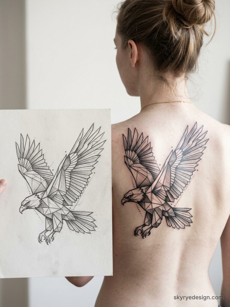 Geometric eagle back tattoo on woman with artist's pencil sketch held beside it