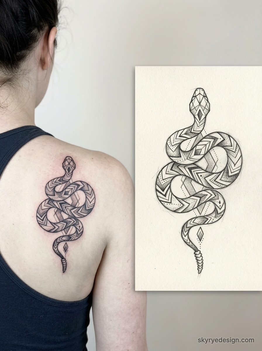 Geometric black-ink snake tattoo on upper back and matching sketch design showing patterned linework and dotwork
