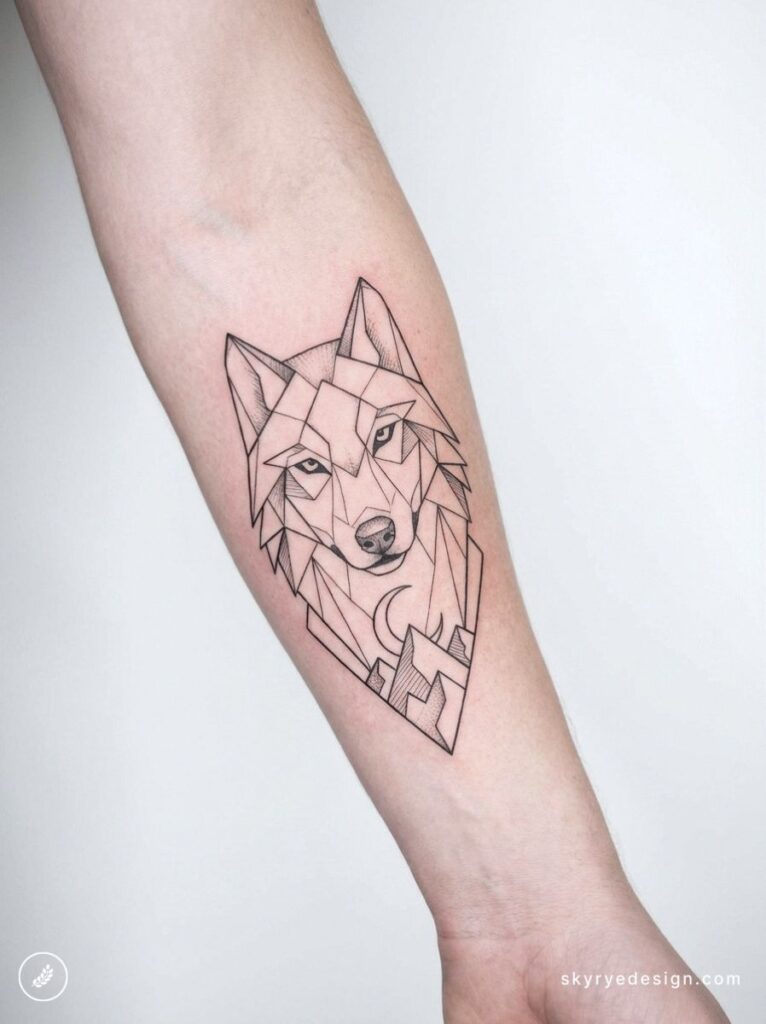 Geometric wolf forearm tattoo in fine black linework, stylized facets with crescent moon and mountain shapes.