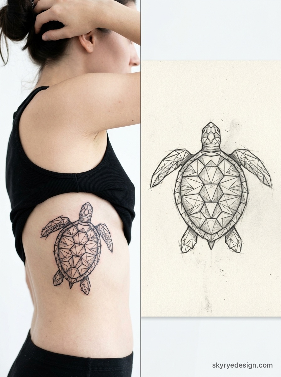 Geometric sea turtle tattoo design on woman's ribcage with matching black-ink sketch