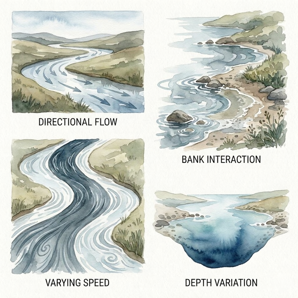 Watercolor diagram of river flow patterns: directional flow, bank interaction, varying speed and depth variation.