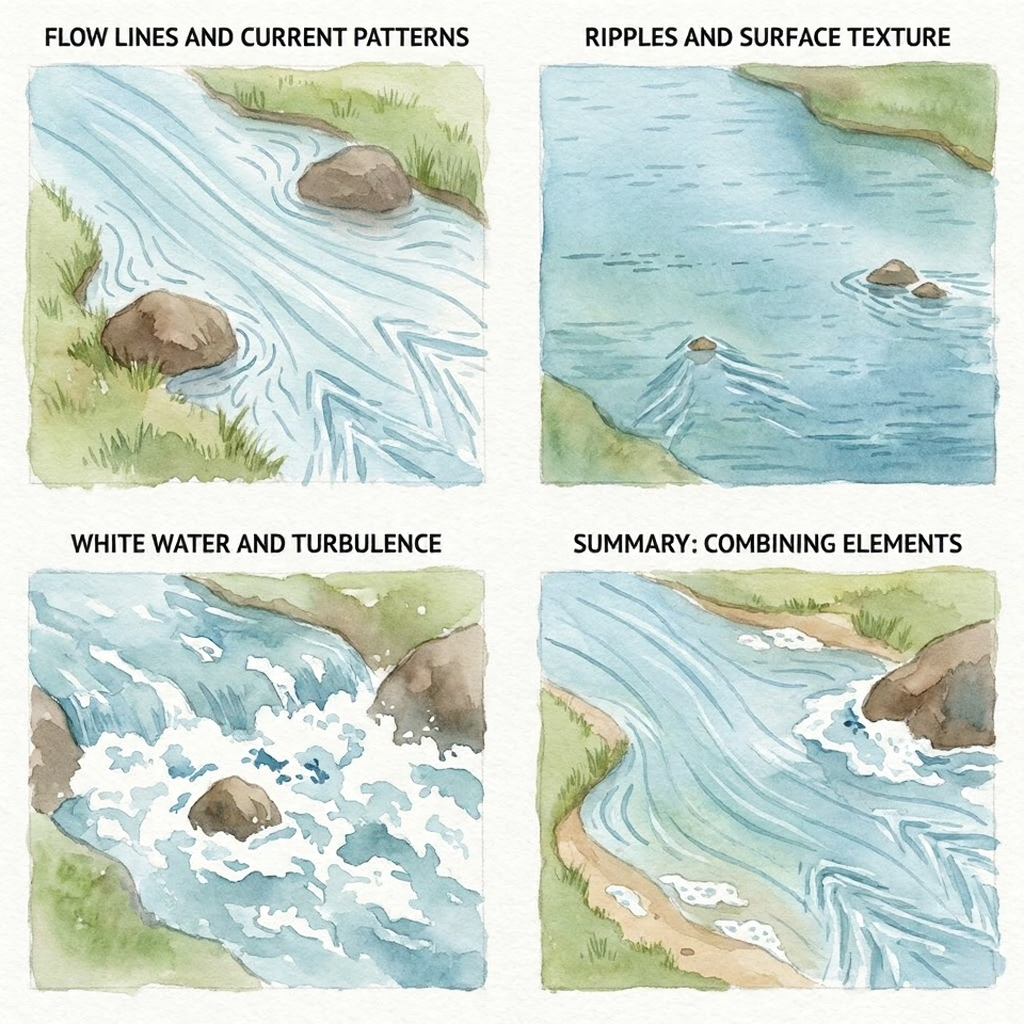 Watercolor tutorial panels showing flow lines, ripples, whitewater turbulence and combined river surface textures with rocks and grassy banks.