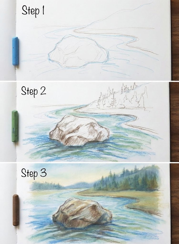 Step-by-step pastel drawing tutorial showing sketch to finished river landscape with a large rock in water and distant tree-lined shore.