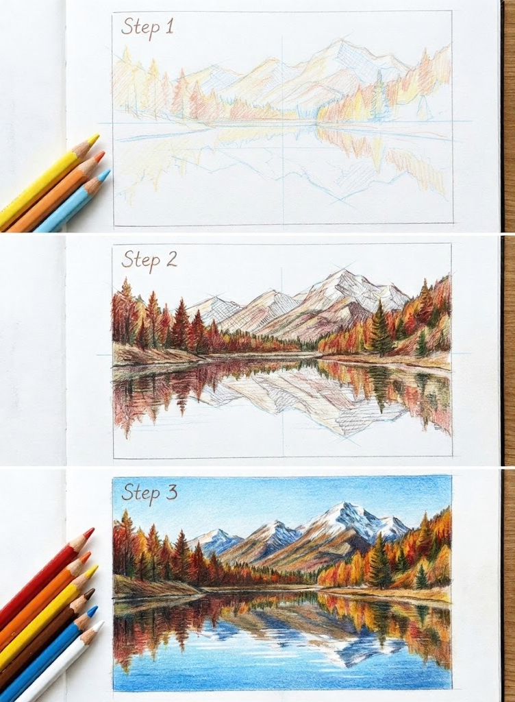 3-step colored pencil tutorial: sketch to finished autumn mountain and lake reflection with snow-capped peaks; pencils at left.