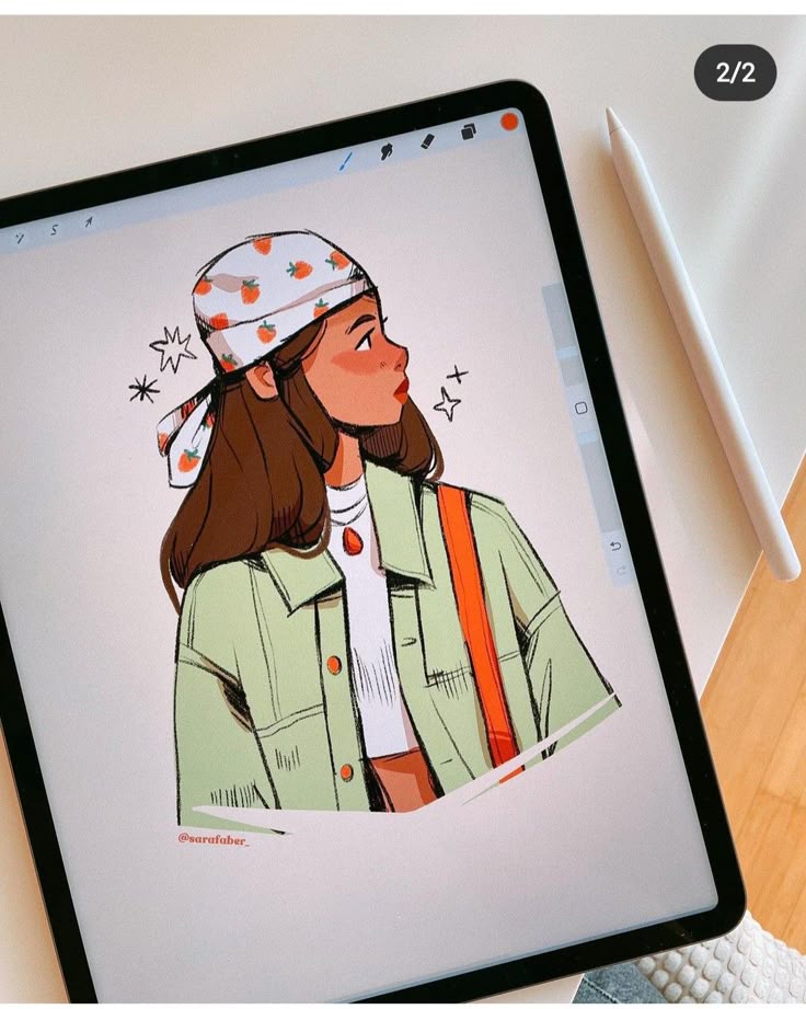 Digital illustration of a woman in bandana and jacket on a tablet screen with stylus.