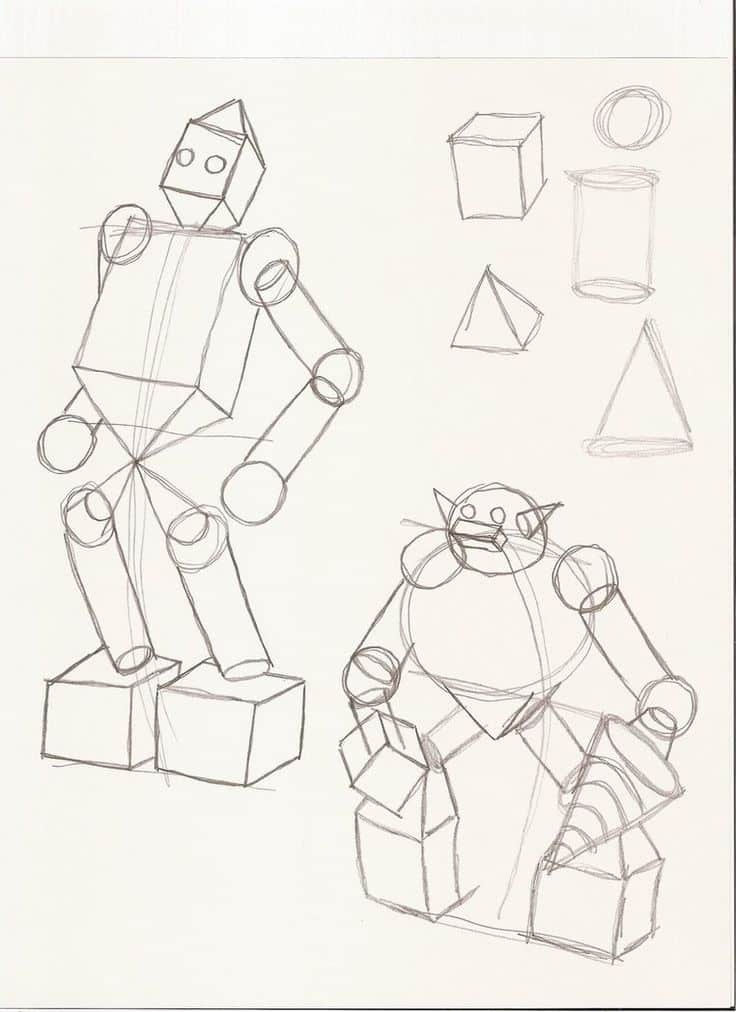 Sketch of two robot figures and geometric shapes, featuring cubes, cones, cylinders, and triangular prisms in pencil on paper.