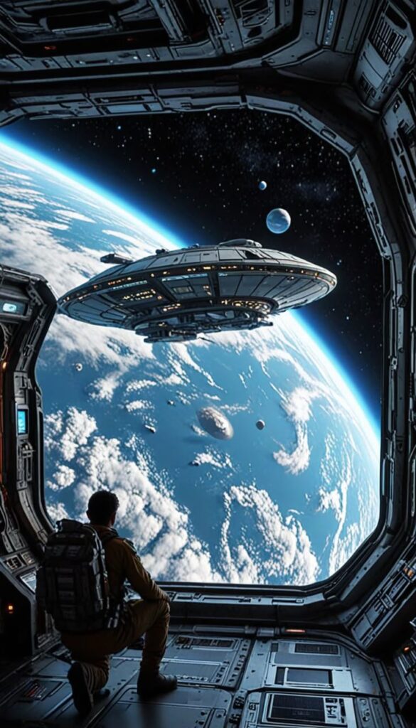 _ Astronaut inside a spacecraft observes Earth and passing spaceship through a large window, highlighting the vastness of space exploration. | Sky Rye Design Astronaut inside a spacecraft observes Earth and passing spaceship through a large window, highlighting the vastness of space exploration.