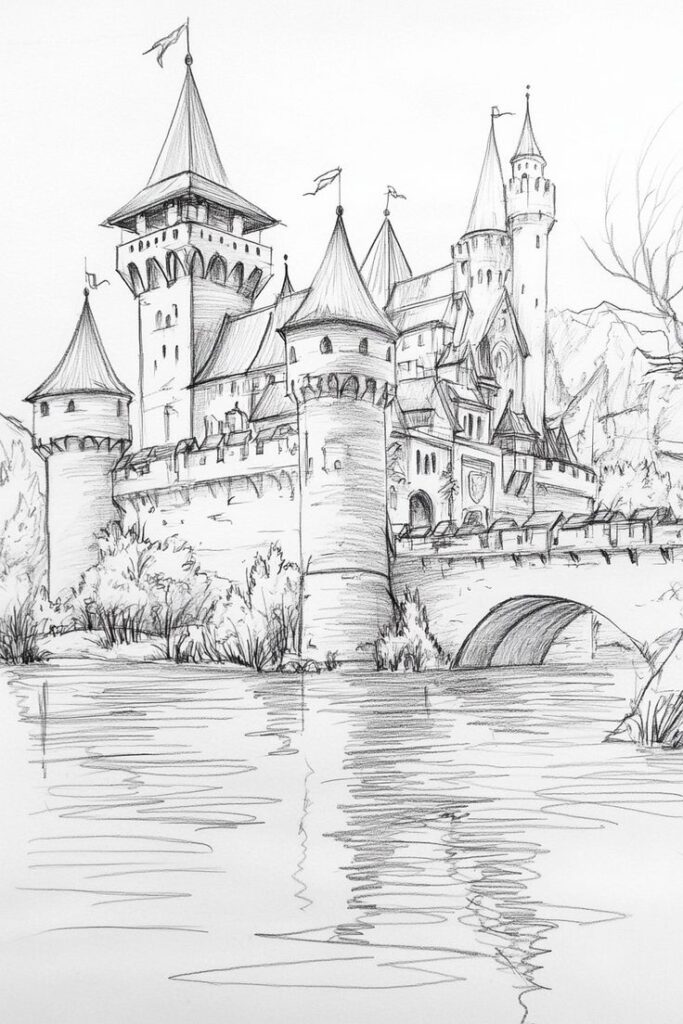 _ Sketch of a fairytale castle with towers and flags standing by a river, showcasing architectural details and scenic water reflections. | Sky Rye Design Sketch of a fairytale castle with towers and flags standing by a river, showcasing architectural details and scenic water reflections.
