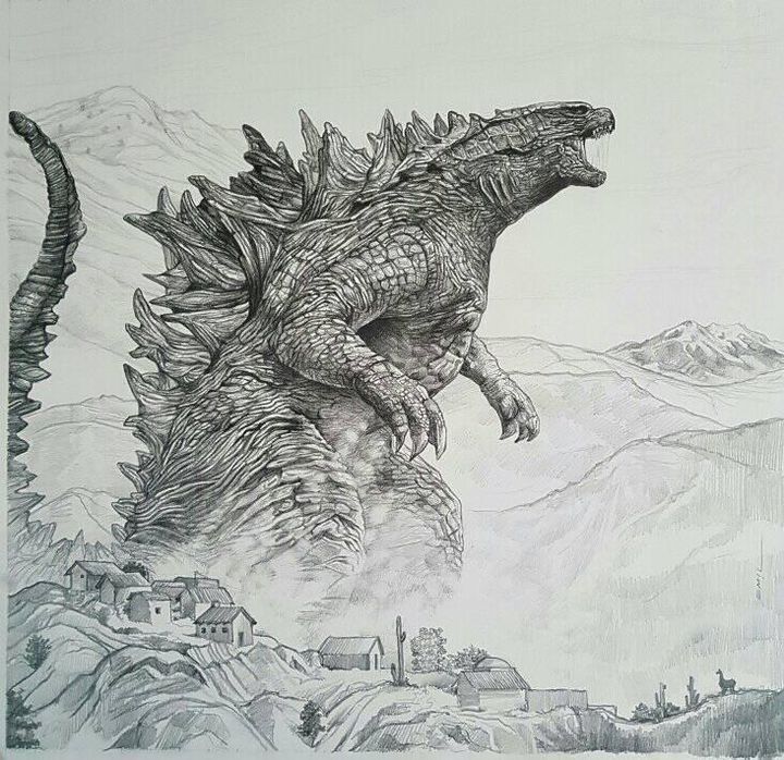 _ Giant monster towering over mountainous landscape with tiny village houses below, showcasing dramatic contrast between nature and creature. | Sky Rye Design Giant monster towering over mountainous landscape with tiny village houses below, showcasing dramatic contrast between nature and creature.