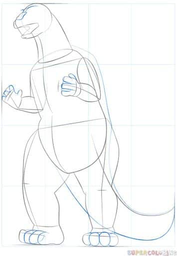 _ Sketch of a dinosaur with a grid background, showing step-by-step drawing guides for artists. Perfect for educational art tutorials. | Sky Rye Design Sketch of a dinosaur with a grid background, showing step-by-step drawing guides for artists. Perfect for educational art tutorials.