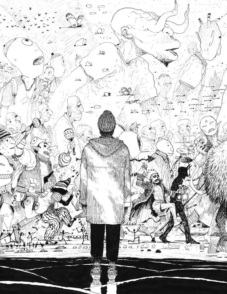 Surreal black and white illustration with a figure in a coat facing a crowd of distorted, fantastical beings, evoking a dreamlike scene.