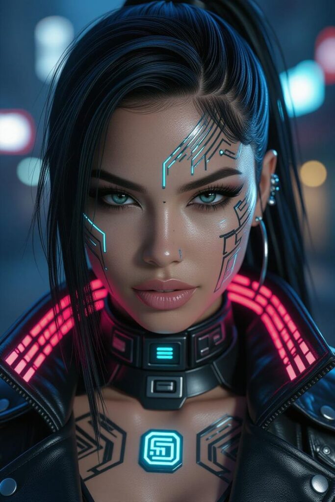 Futuristic woman with glowing cybernetic facial tattoos and LED accessories in a sci-fi setting. Sci-fi fashion and technology fusion.