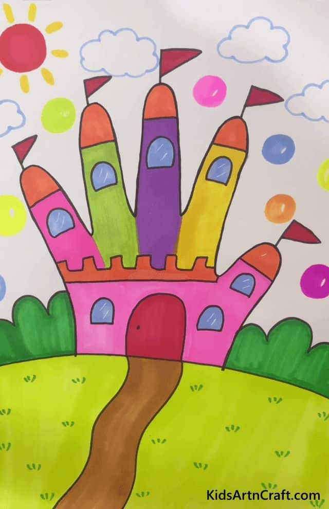 Colorful hand-shaped castle drawing with flags, clouds, and sun. Ideal for kids' art, creativity, and imaginative play themes.