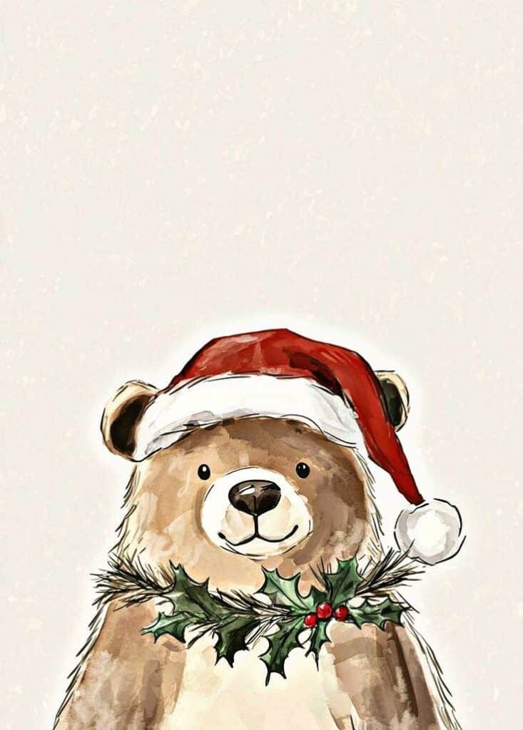 Cute bear wearing a Santa hat and festive garland, conveying holiday cheer in a watercolor illustration. Perfect for Christmas-themed designs.