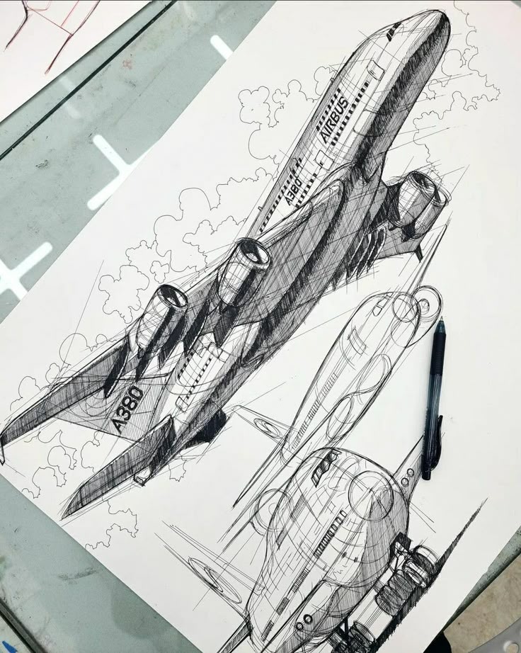 Airbus A380 concept sketch featuring detailed pencil drawings of the aircraft in ascent against a cloudy background, with a pen beside.