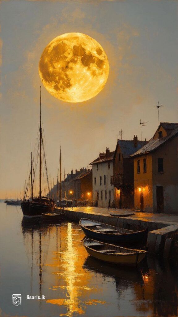 Full moon illuminating a peaceful harbor with boats and reflecting off calm waters, creating a serene evening atmosphere.