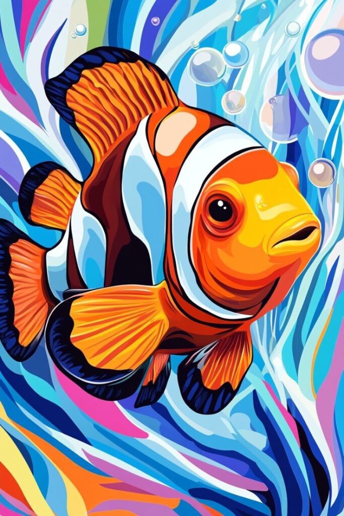 Colorful digital illustration of a vibrant clownfish swimming among abstract ocean waves and bubbles.