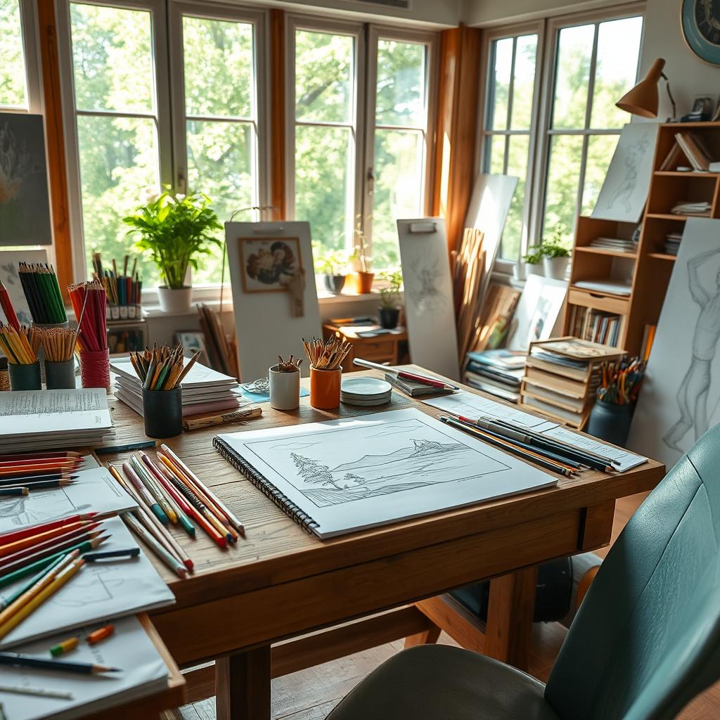 Artist's creative workspace filled with colorful pencils, sketchbooks, and artwork, illuminated by natural light from large windows.